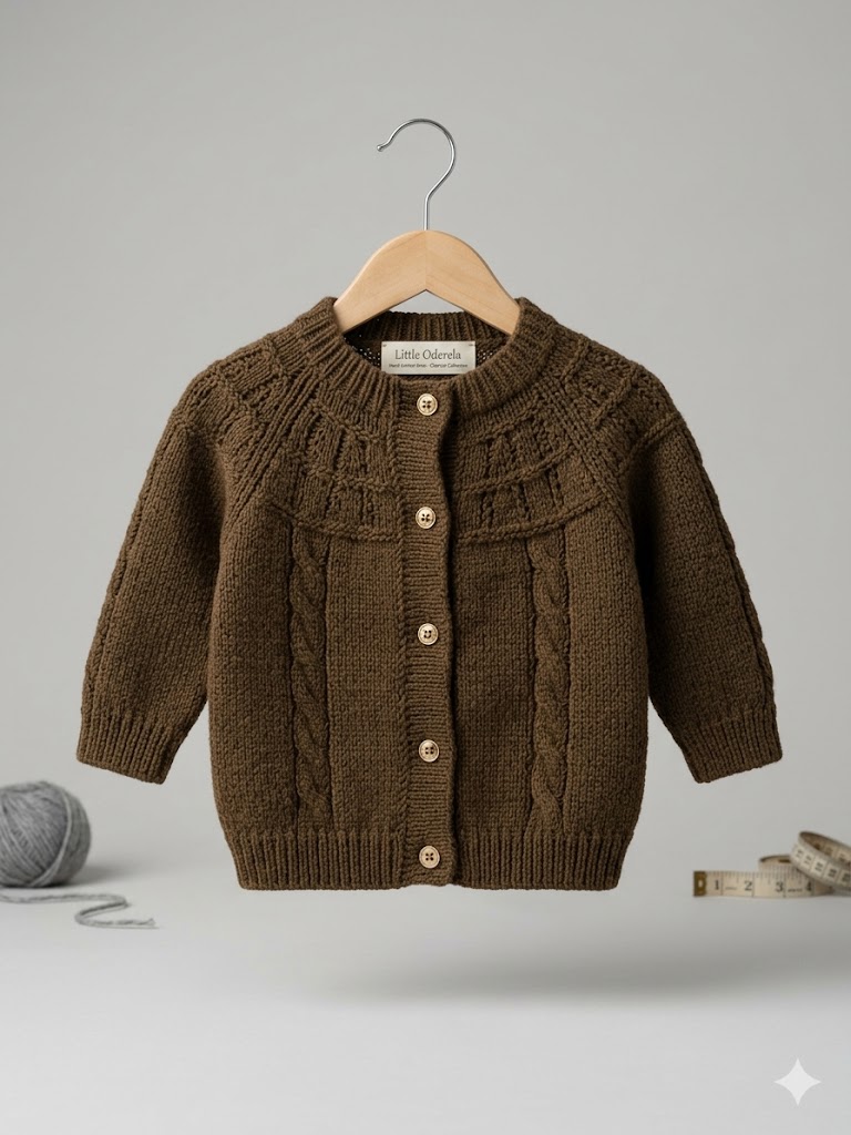 Little Oderela Classic Earth-Tone Cable Knit Cardigan