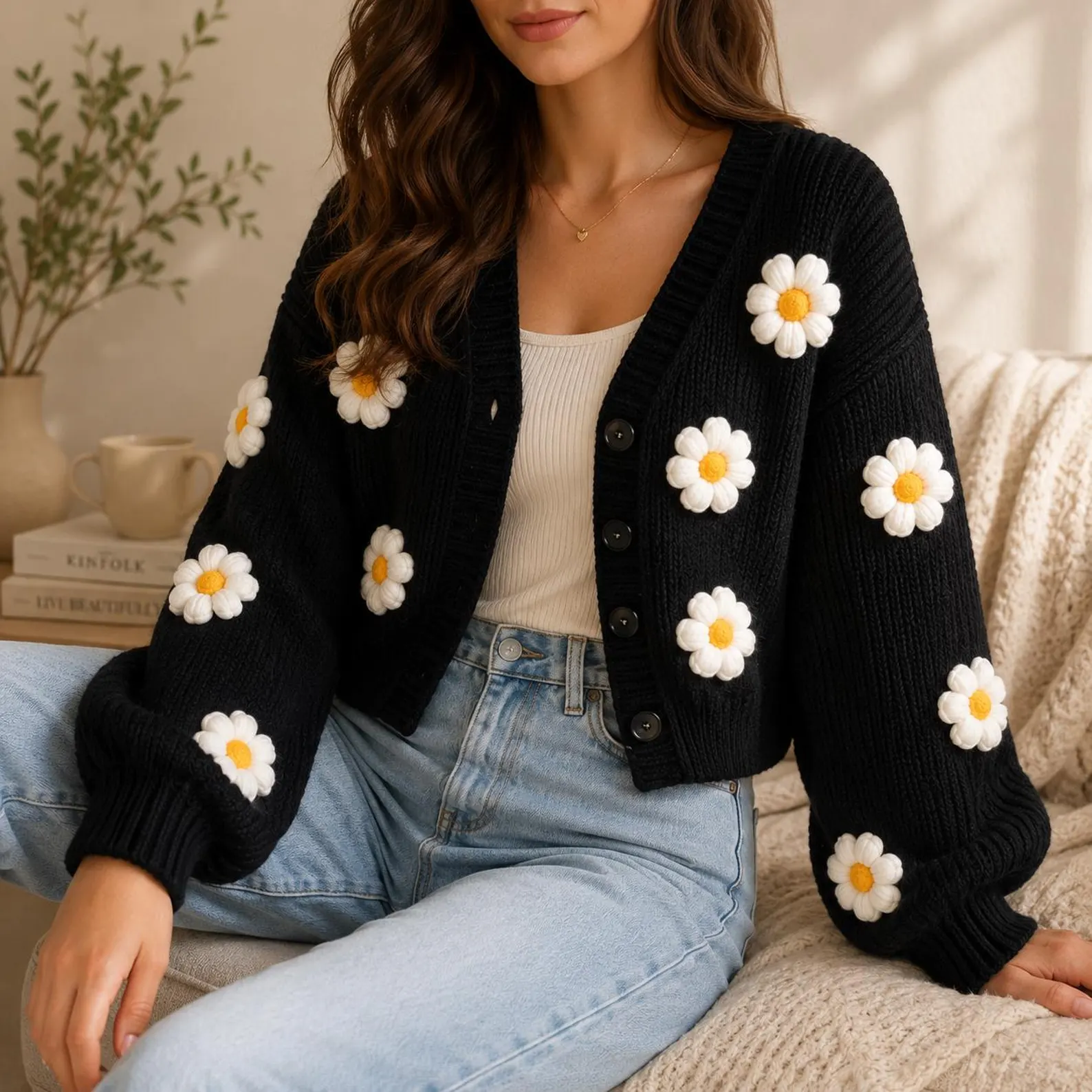 Black Knit Cardigan with 3D Daisy Appliqués, Cottagecore Button Front Top