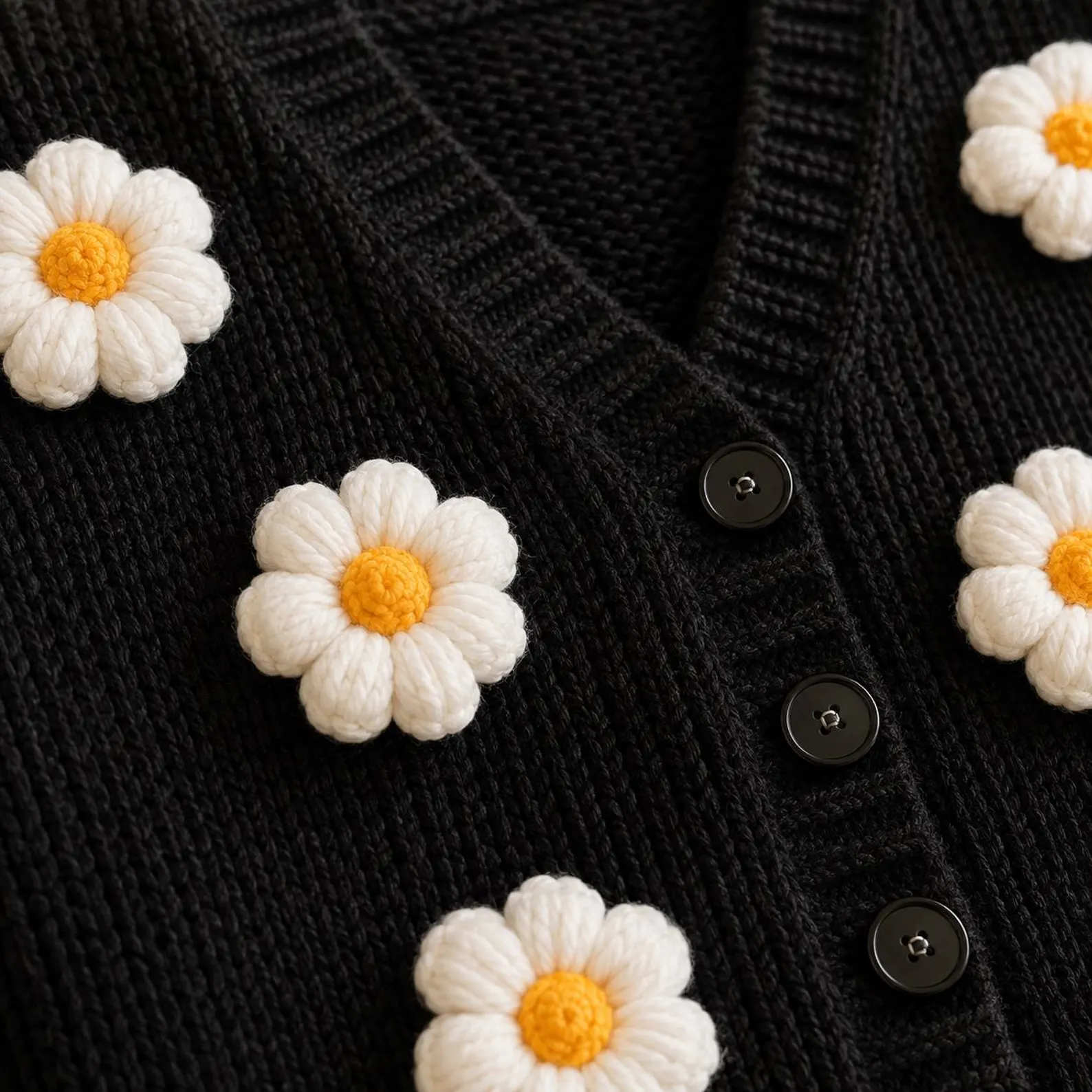 Black Knit Cardigan with 3D Daisy Appliqués, Cottagecore Button Front Top
