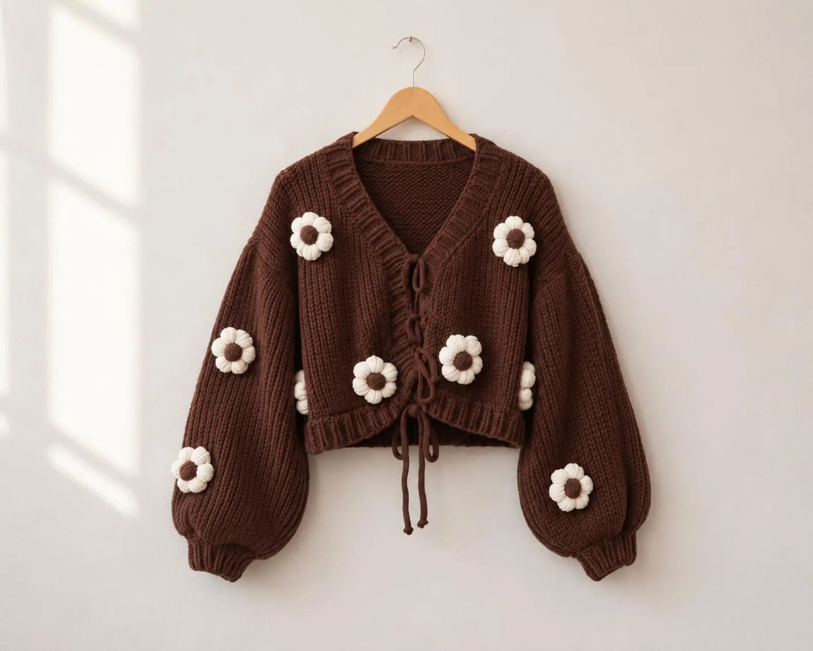 Brown Floral Cardigan, 3D Daisy Knitwear