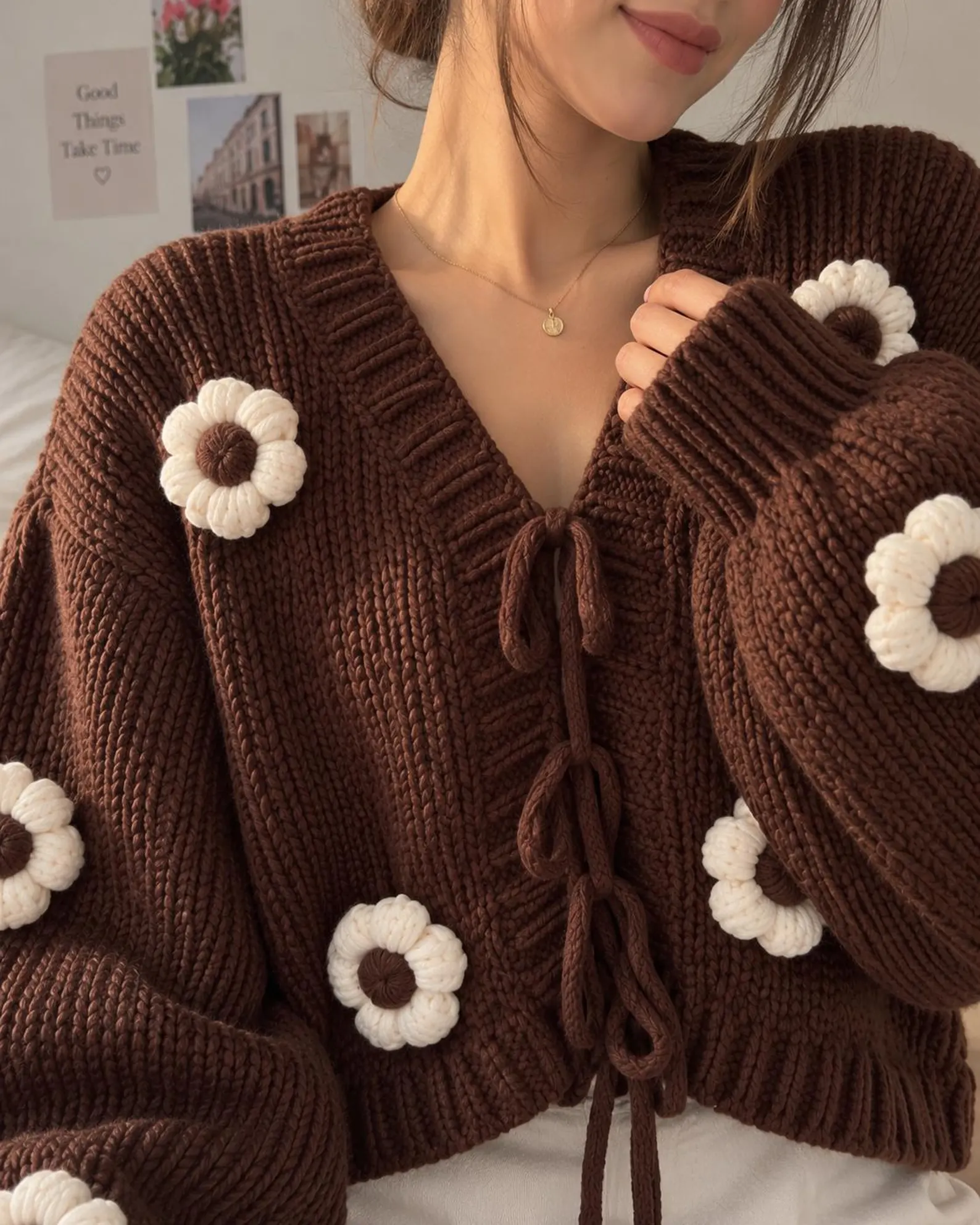 Brown Floral Cardigan, 3D Daisy Knitwear