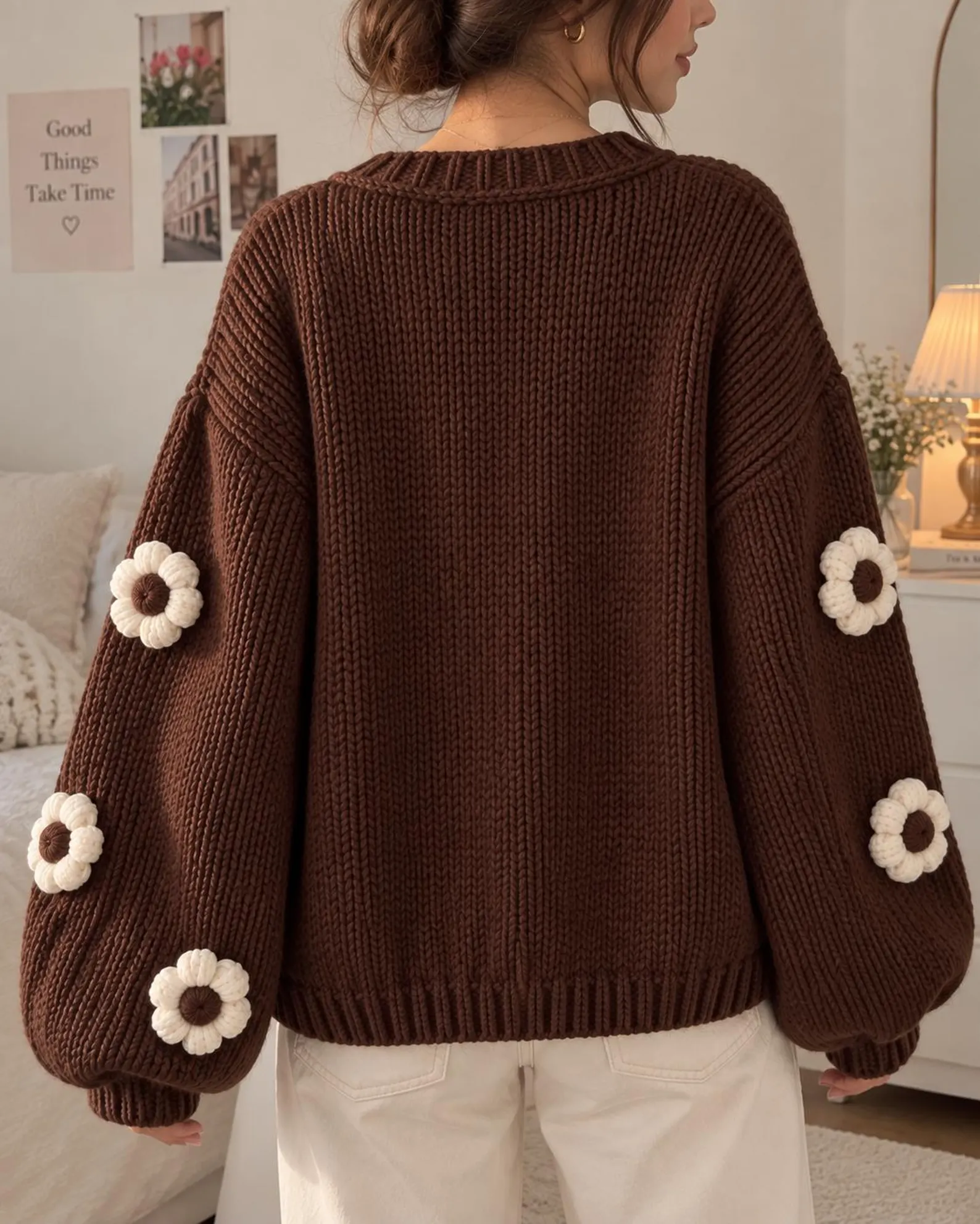 Brown Floral Cardigan, 3D Daisy Knitwear