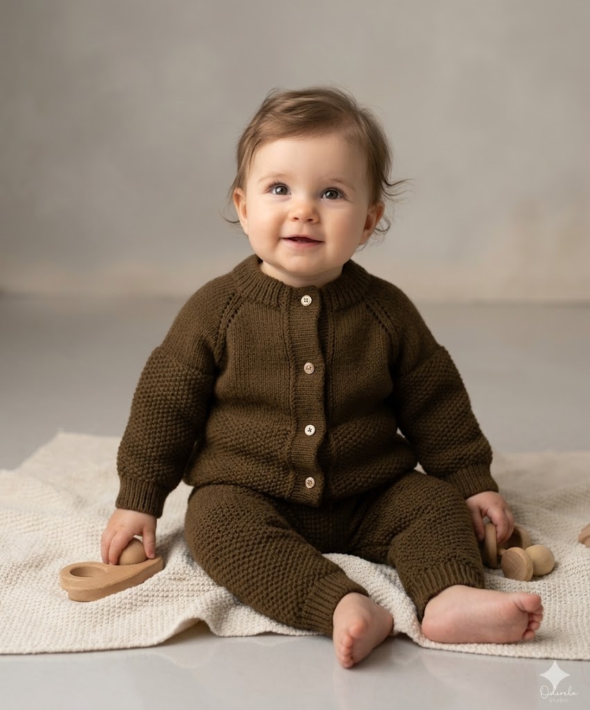 Little Oderela Classic Earth-Tone Cable Knit Cardigan