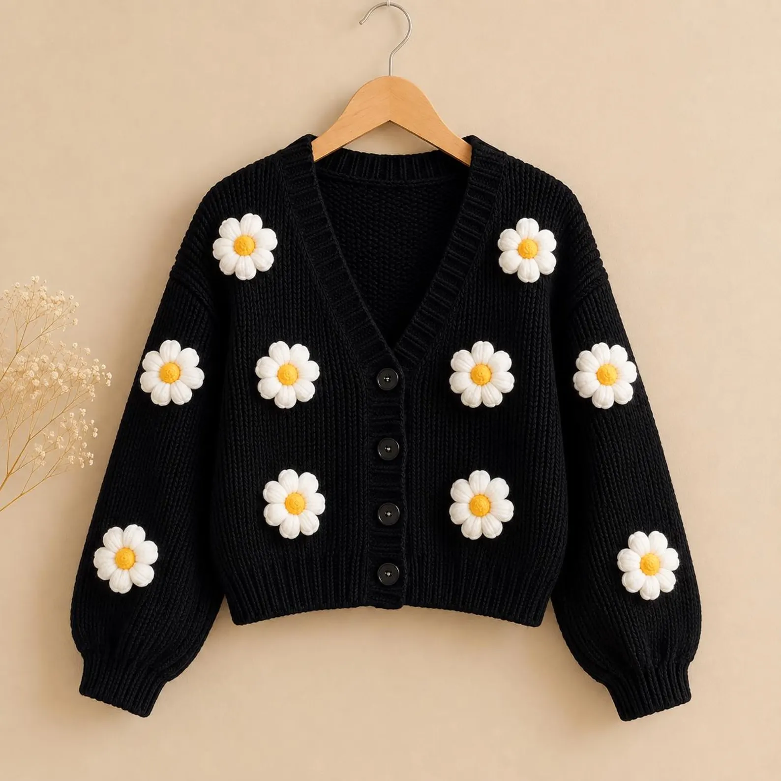 Black Knit Cardigan with 3D Daisy Appliqués, Cottagecore Button Front Top