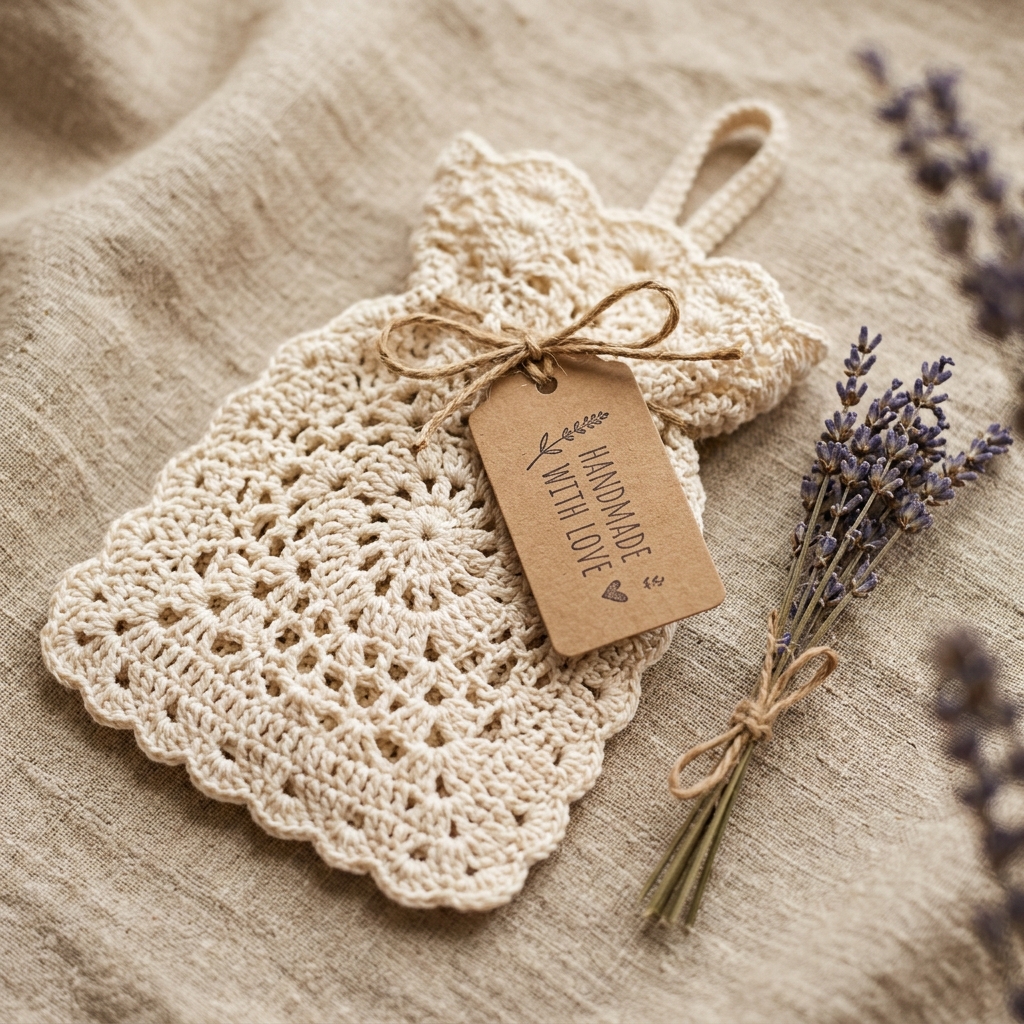 Crochet lace pouch with thank you gift tag