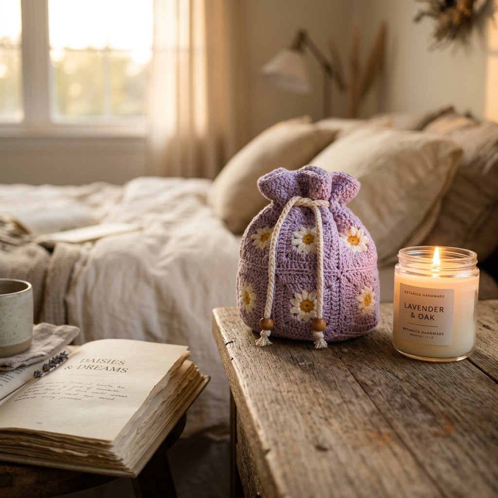 Lilac crochet drawstring pouch and candle